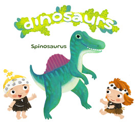 caveman human cartoon happy and funny colorful prehistoric dinosaur dino spinosaurus isolated illustration with child pointing on animal