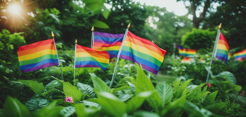 A rainbow flag wave in the wind against a cloudy sky, a sign of peace, new beginnings and change. A sign of tolerance and acceptance of the diversity of life forms
