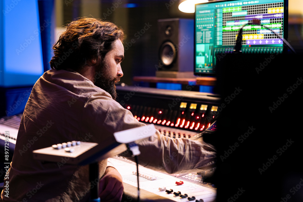 Fototapete Audio technician working on recording and editing new music in studio, processing sounds by using mixing console and twisting knobs in control room. Sound producer pushing buttons and sliders.