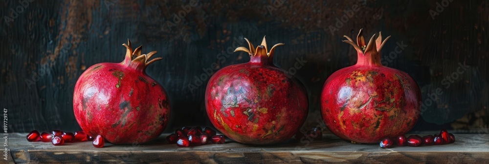 Poster three whole pomegranates with visible seeds rest on a rustic wooden surface against a dark backgroun