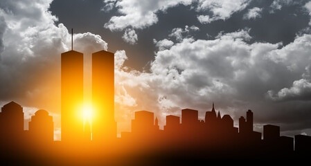 New York skyline silhouette with Twin Towers at sunset. 09.11.2001 American Patriot Day banner.