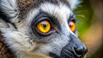Naklejka premium Lemur Eye Close Up - A Detailed Look at a Lemur's Eye with Golden Iris, wildlife, animal portrait, lemur, madagascar