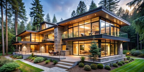 Obraz premium Modern Glass House With Stone Exterior in Forest Setting, Architecture, Design, Home, Luxury