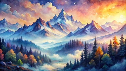 Mystical Mountain Range at Dawn, Watercolor Painting, Blue and Orange Hues, Majestic Peaks, Foggy Forest, Mountain Landscape, Sunrise