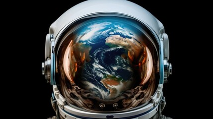 Astronaut helmet with the reflection of the planet Earth and stars in the visor