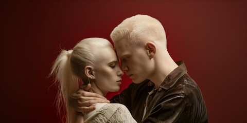 Passionate albino couple embracing closely with foreheads touching, set against a plain red studio background with copy space
