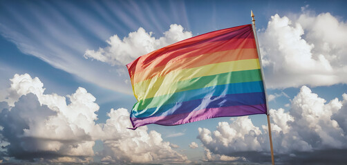 A rainbow flag wave in the wind against a cloudy sky, a sign of peace, new beginnings and change. A sign of tolerance and acceptance of the diversity of life forms