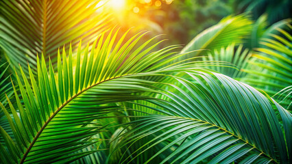Obraz premium Vibrant green palm leaves with delicate fronds and stems sway gently in the breeze, set against a soft focus natural background with warm sunlight filtering through.