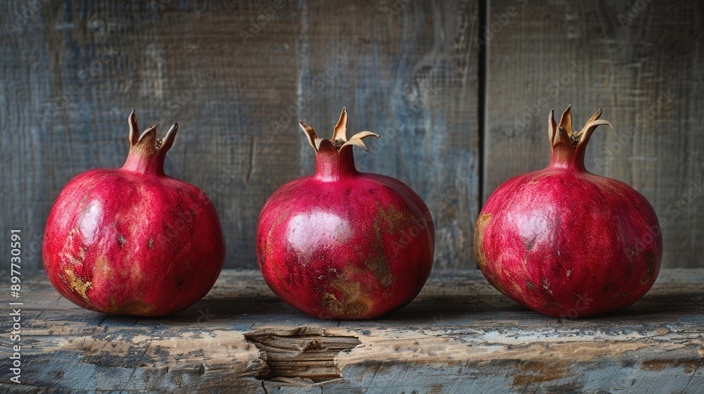 Poster three ripe pomegranates are displayed on a rustic wooden surface, showcasing their deep red color an
