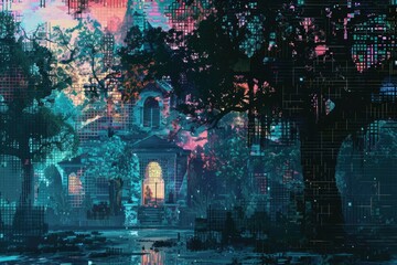 Obraz premium A haunted scene created entirely from digital glitches and pixels