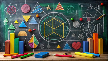 Colorful abstract geometric shapes and symbols on blackboard, representing complex mathematical concepts of functions and algebras, with chalk and eraser nearby.