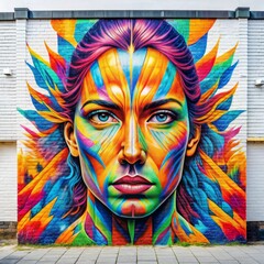 Street Art Mural of a Woman's Face with Bright Colors, brick wall, urban art, graffiti art, street...