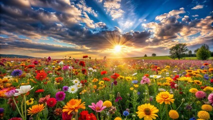 Fototapeta premium Sunbeams Kissing a Field of Flowers, Landscape, Nature, Sunrise, Spring