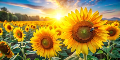 Obraz premium Sun-Kissed Sunflower Field at Sunset, Close-up of a sunflower with a bee, Bright yellow petals, Golden hour light, Sunflower , Bee , Golden Hour