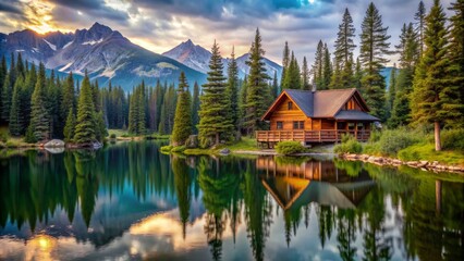 Fototapeta premium Sunset Reflection of a Cabin in the Mountains, cabin , reflection , mountain , nature