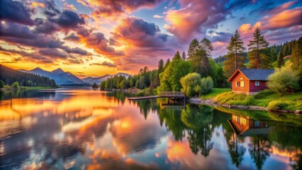 Fototapeta premium Sunset Reflections on a Mountain Lake Cabin, cabin , sunset , mountain , nature