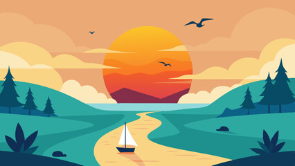  Sunrise view in the river, birds flying, boats sailing background, vector art illustration