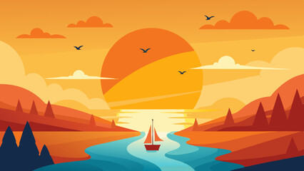  Sunrise view in the river, birds flying, boats sailing background, vector art illustration