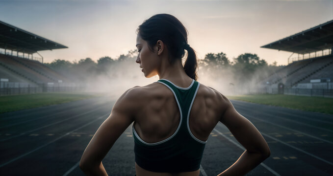 female athlete toned with muscular shoulders stands in an empty sporting field and track stadium. The early morning mist creates a dreamy silhouette, while the stadium's grandstands looms in the back