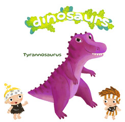 caveman human cartoon happy and funny colorful prehistoric dinosaur dino tyrannosaurus isolated illustration with child pointing on animal