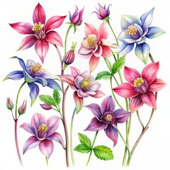 Obraz premium Watercolor Bouquet of Aquilegia Flowers, Composition of 9 Flowers, Hand Painted Watercolor, Flower Illustration, Botanical Illustration, aquilegia, wildflower