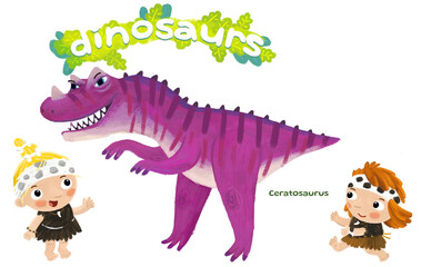 caveman human cartoon happy and funny colorful prehistoric dinosaur dino ceratosaurus isolated illustration with child pointing on animal