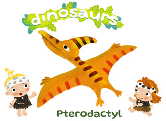caveman human cartoon happy and funny colorful prehistoric dinosaur dino pterodactyl bird isolated illustration with child pointing on animal