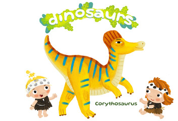 caveman human cartoon happy and funny colorful prehistoric dinosaur dino cerythosaurus isolated illustration with child pointing on animal