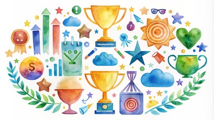 Fototapeta premium Watercolor Composition of Achievement Trophies and Stars, Watercolor, Illustration, Award, Success