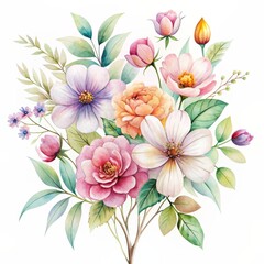 Fototapeta premium Watercolor Floral Bouquet - Pastel Roses, Peonies, and Leaves, watercolor painting, flower bouquet, floral art, botanical art