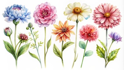 Watercolor Floral Bouquet - Pink, Blue, Yellow and Orange Flowers with Green Leaves, Watercolor, Flower Bouquet, Botanical Illustration, Floral Design