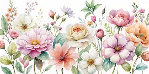 Obraz premium Watercolor Floral Arrangement with Pink and Yellow Blooms, Watercolor Painting, Flower Arrangement, Floral Design, White Background. floral art, watercolor painting, flower bouquet