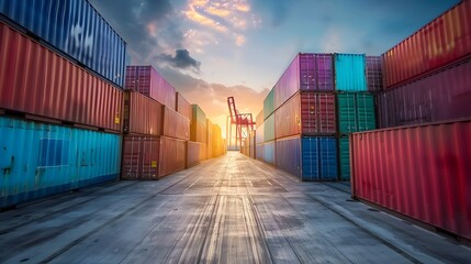 Fototapeta premium Containers Yard Cargo Shipping Import Export in Harbor Port Logistics Industry.International Products Distribution Center Transport Freight Business Background.