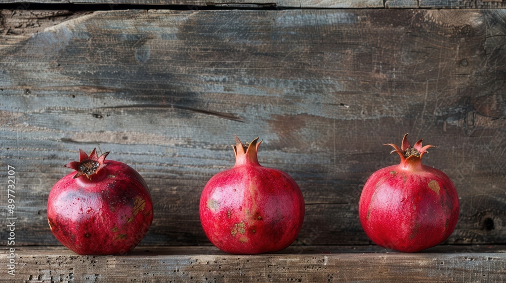 Fototapete three ripe pomegranates with visible seeds are arranged in a row on a rustic wooden surface.