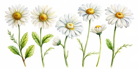 Watercolor Illustration of Daisies with Yellow Centers, Watercolor, White Background, Flower, Botanical, Illustration, Nature