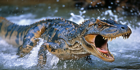 Obraz premium A fierce dinosaur with sharp teeth and scaly skin splashes through water