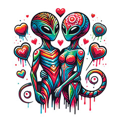 Colorful graffiti style ornamental isolated two alien figures love couple pattern background illustration with love hearts. Vector patterned bright aliens on white background. Abstract modern design.