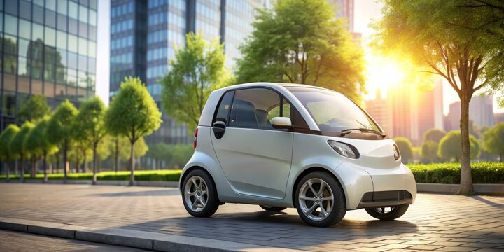 Modern eco-friendly urban transport, small electric micro car parked in the big city, electric, micro car, compact, urban