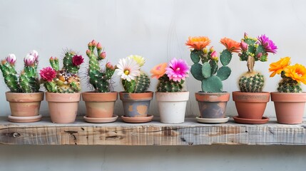 Assorted flower Cactus Plants in Row