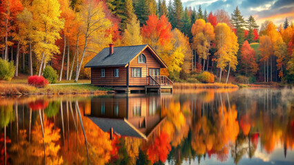 Fototapeta premium lake in the autumn forest, fall, yellow, red trees, foliage, leaves, water, pond, river, reflection, background, wallpaper, October, season, landscape, nature, beauty, travel, tourism, wood