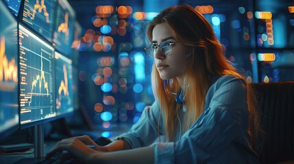 Data Analyst in Action: A focused woman in glasses meticulously analyzes data on multiple monitors, surrounded by a blue glow, 