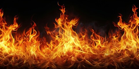 Fototapeta premium Abstract fire flames glowing brightly on a black background, fire, flames, abstract, light, heat, inferno, glowing, hot, energy