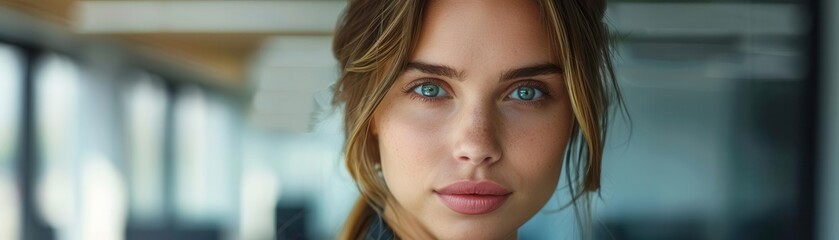 Obraz premium A businesswoman in covetousness, glancing jealously at a competitor s success in a modern office with a blank background, closeup shot, sharp focus