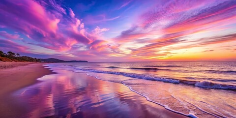 Tranquil beach at twilight with pink and purple hues in the sky, beach, twilight, serene, peaceful, ocean, dusk, horizon, tranquil