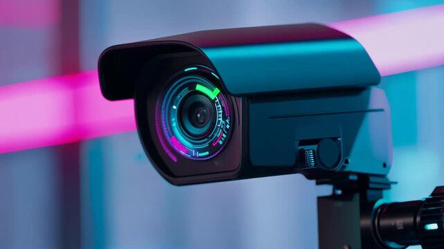 High-Tech Indoor Security Camera in Modern Setting, Neon Glow