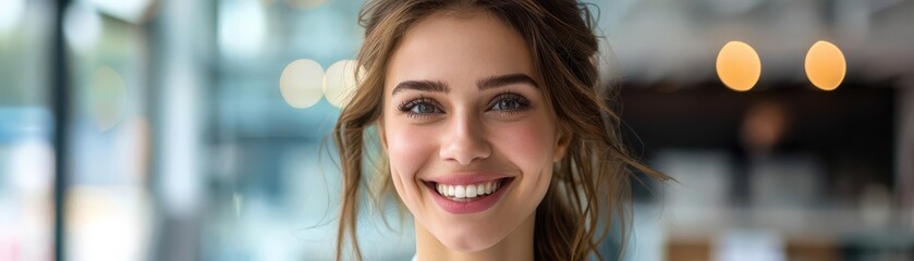 Fototapeta premium A businesswoman in happiness, smiling brightly while holding a success report in a modern office with a blank background, closeup shot, bright lighting, portrait photography style