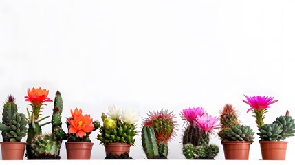 Fototapeta premium Assorted flower Cactus Plants in Row , on white background