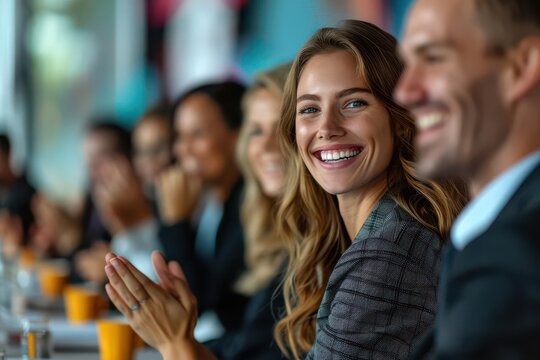A group of businesspeople in happiness, laughing and clapping during a meeting, random colorful background, medium shot