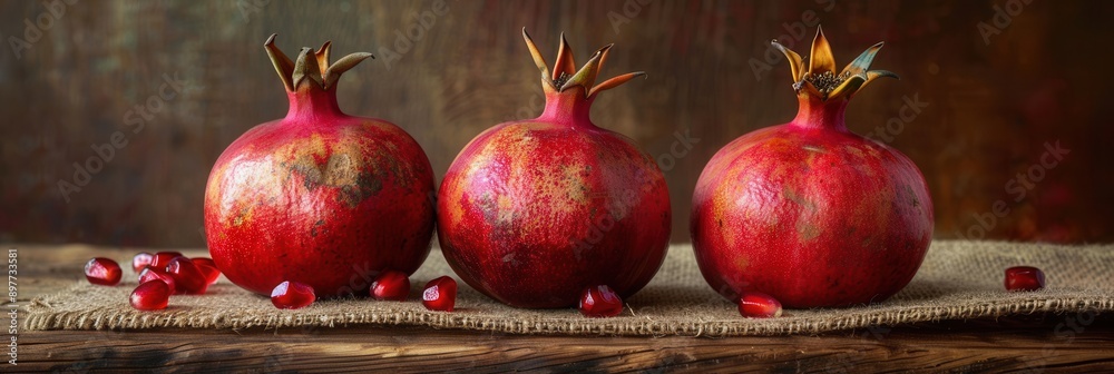 Fototapete three ripe pomegranates with seeds are arranged on a rustic wooden surface. the pomegranates are red
