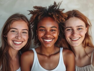 A team of colleagues displaying fondness, exchanging warm smiles in a minimalist office with a blank background, medium shot